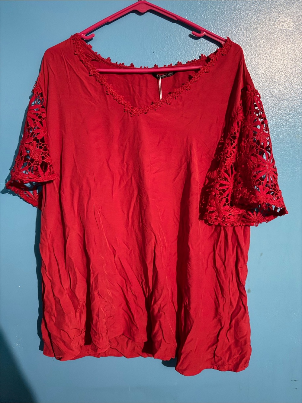 BloomChic Red Crochet-Sleeve V-Neck Tunic Top